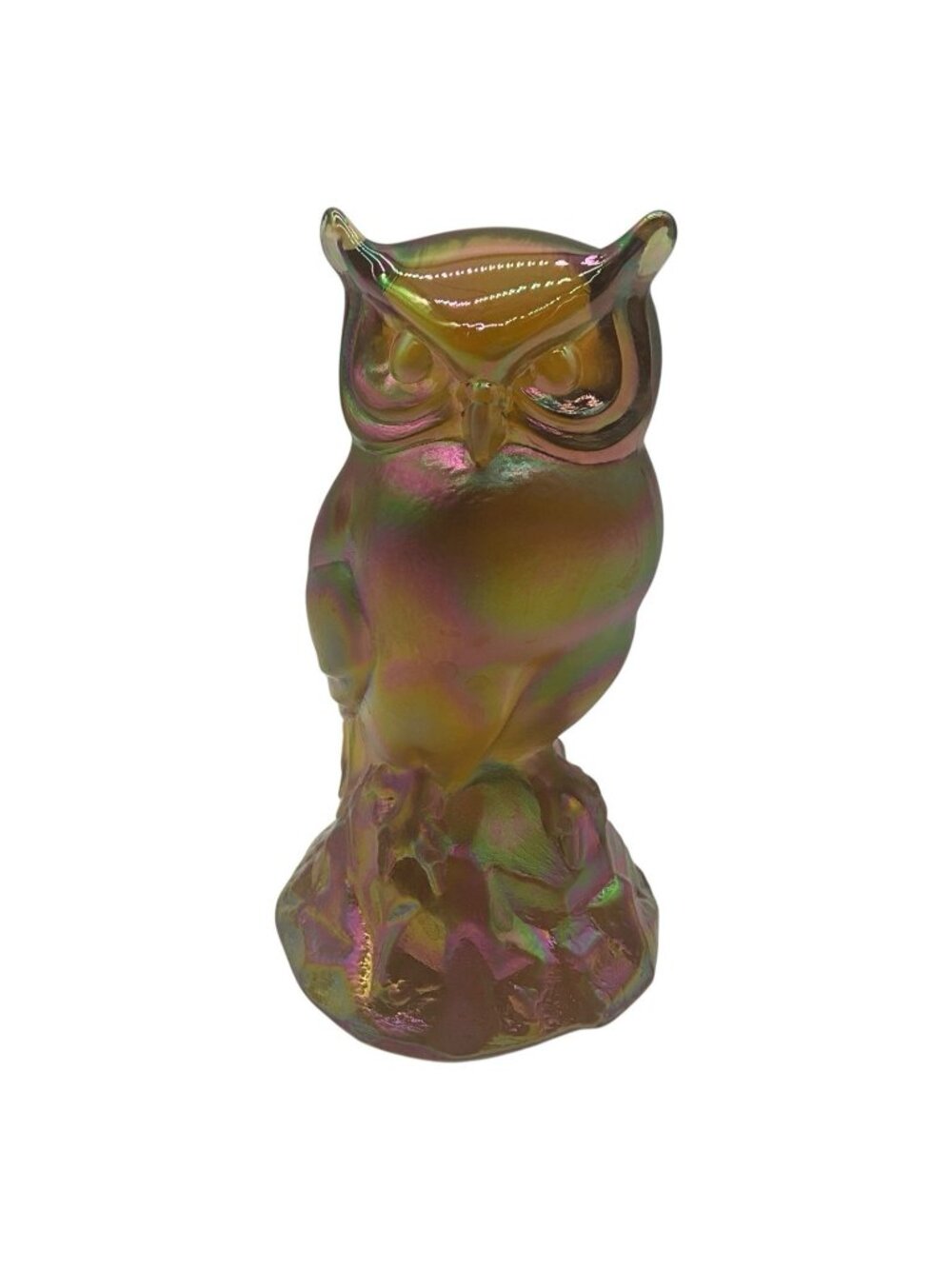 Fenton Vintage Iridescent Carnival Glass Owl Figurine With Rainbow Luster Finish